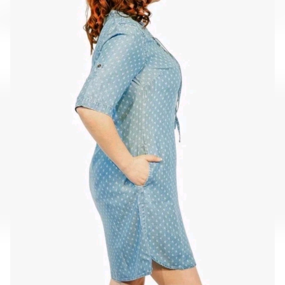 Philosophy Tunic Shirt Dress Woman Large Blue Raindrop Print Tencel Lace Up Nwt - Picture 2 of 14